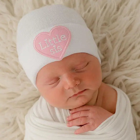 Little Sis or Bro Heart Patch White Hospital Hat 0-3m