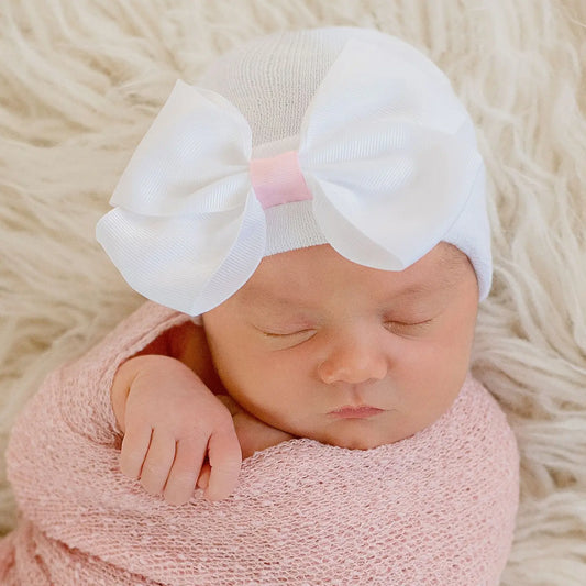 Sophie White Big Ribbon Bow with Pink Ribbon Center Newborn