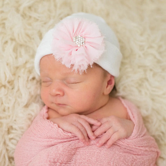 White Hat Pink Frayed Flower 0-3m