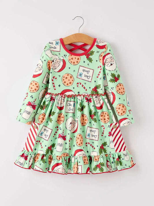 Winter Christmas Green Santa Girls Pocket Ruffle Dress