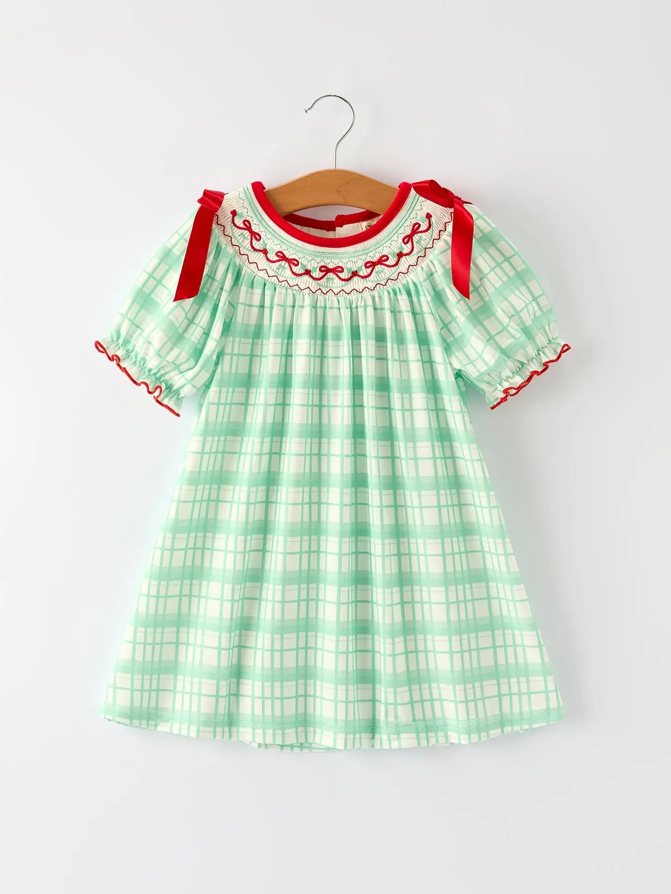 Christmas Girl Smock Embroidery Green Plaid Dress