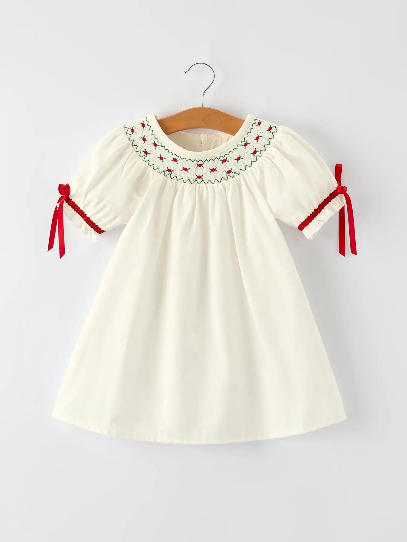 White Christmas Girl's Dress: Delicate Embroidery with Red Bow Details