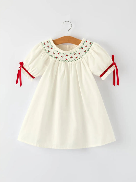 White Christmas Girl's Dress: Delicate Embroidery with Red Bow Details