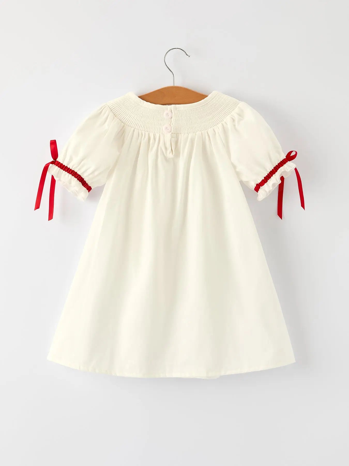 White Christmas Girl's Dress: Delicate Embroidery with Red Bow Details