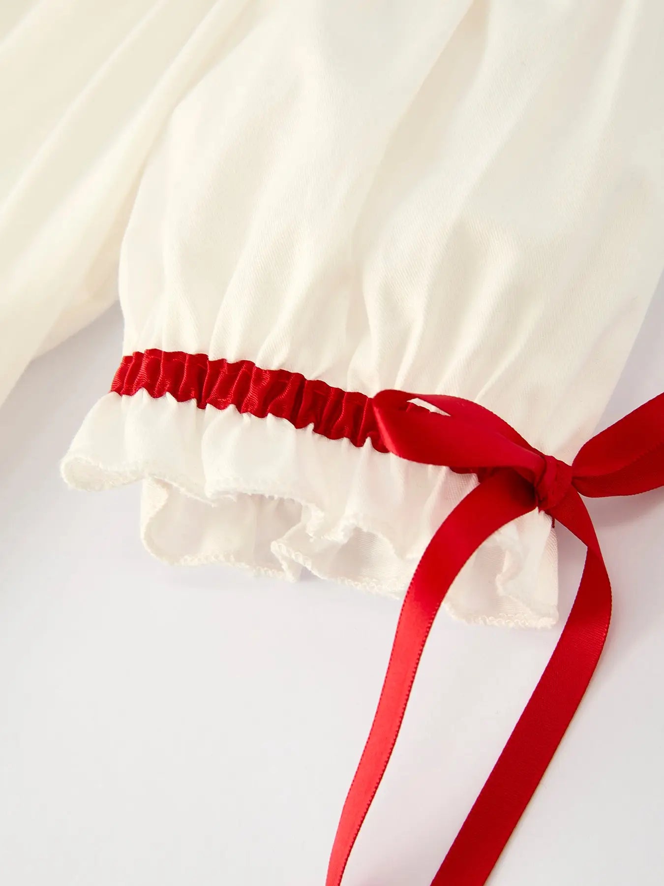 White Christmas Girl's Dress: Delicate Embroidery with Red Bow Details