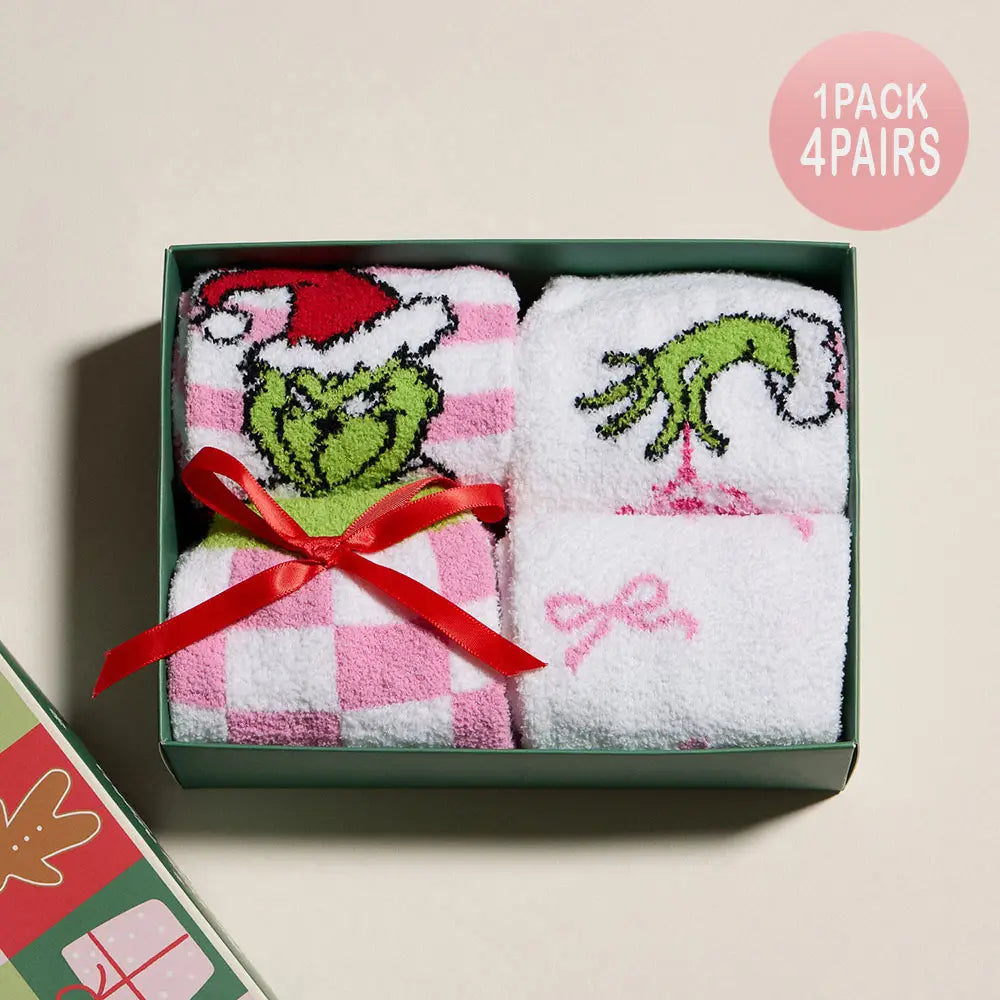 4Pairs - Green Monster Checkered Bow Printed Christmas Bundle Gift Socks Set