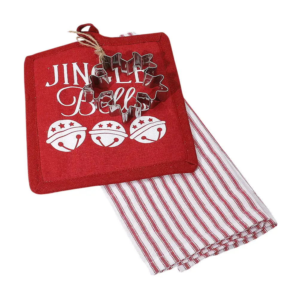 3PCS - Jinglebell Christmas Kitchen Towel Pot Holder Cookie Cutter Set