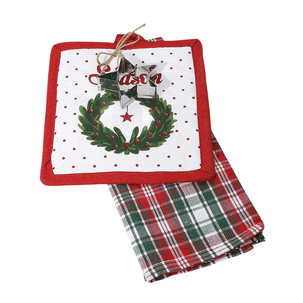 3PCS - Christmas Wreath Holiday Kitchen Towel Pot Holder Cookie Cutter Set
