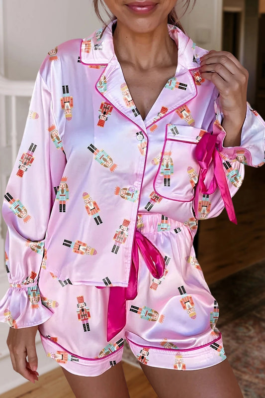 Christmas Print Bow Knot Silky 2pcs Pajama Shorts Set | S-Xl