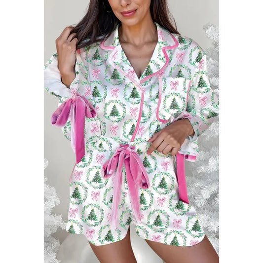 Christmas Tree Print Velvet Trim Bow Knot Pajama Set | S-XL