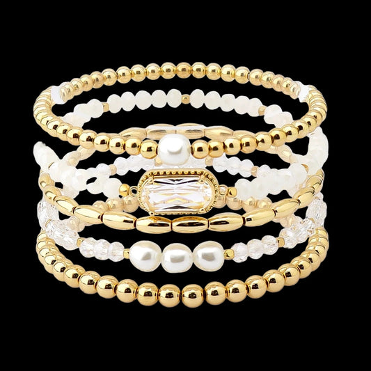 Geometric Glass Stone Freshwater Pearl Accent Multi Layered Bracelet