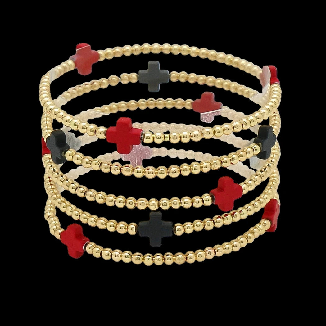 Multi Layered Gold Bead Stretch Bracelet with Cross Accent