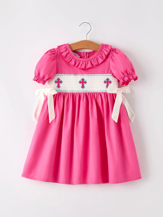 Pink Smocked Church Christ Bishop Christening Bow Girl Dress