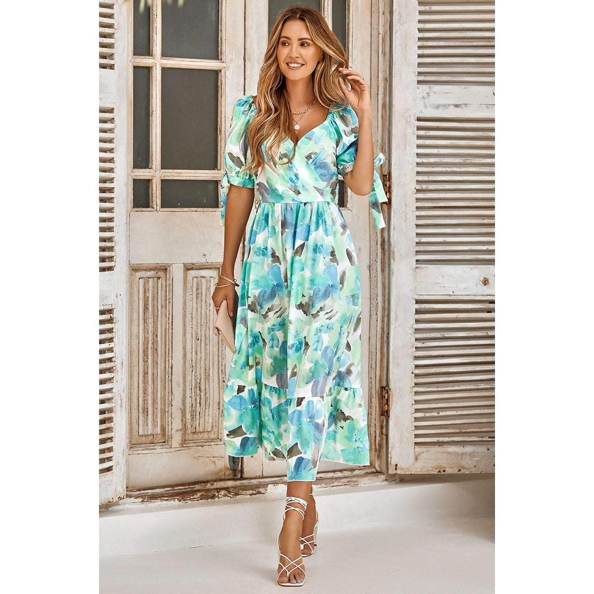 short sleeve surplice dress Surplice Short Sleeve Midi Dress from OhSoStyled at Sophia's Style Green / S