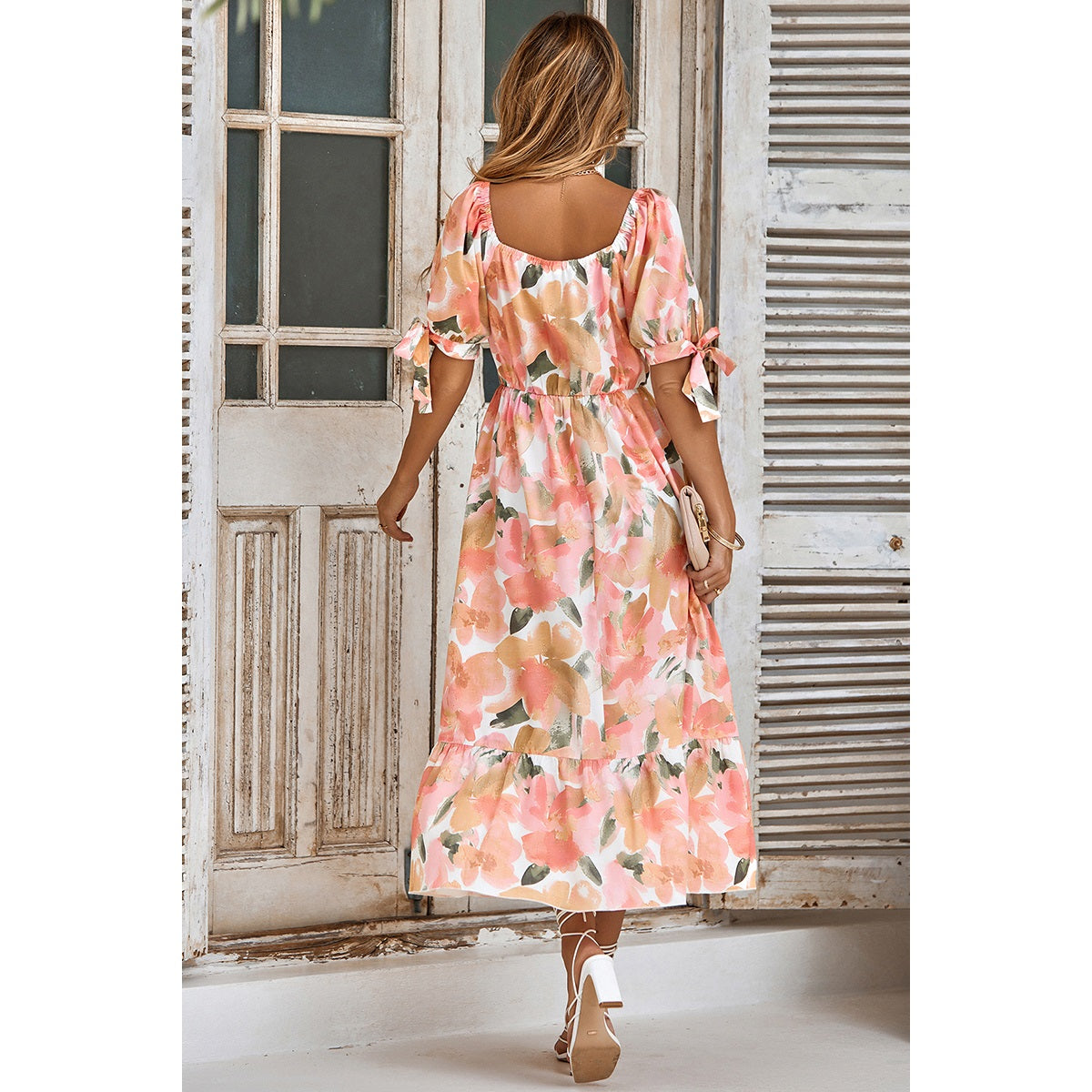 Floral Paint Short Sleeve Tie Cuff Surplice Neck Dress