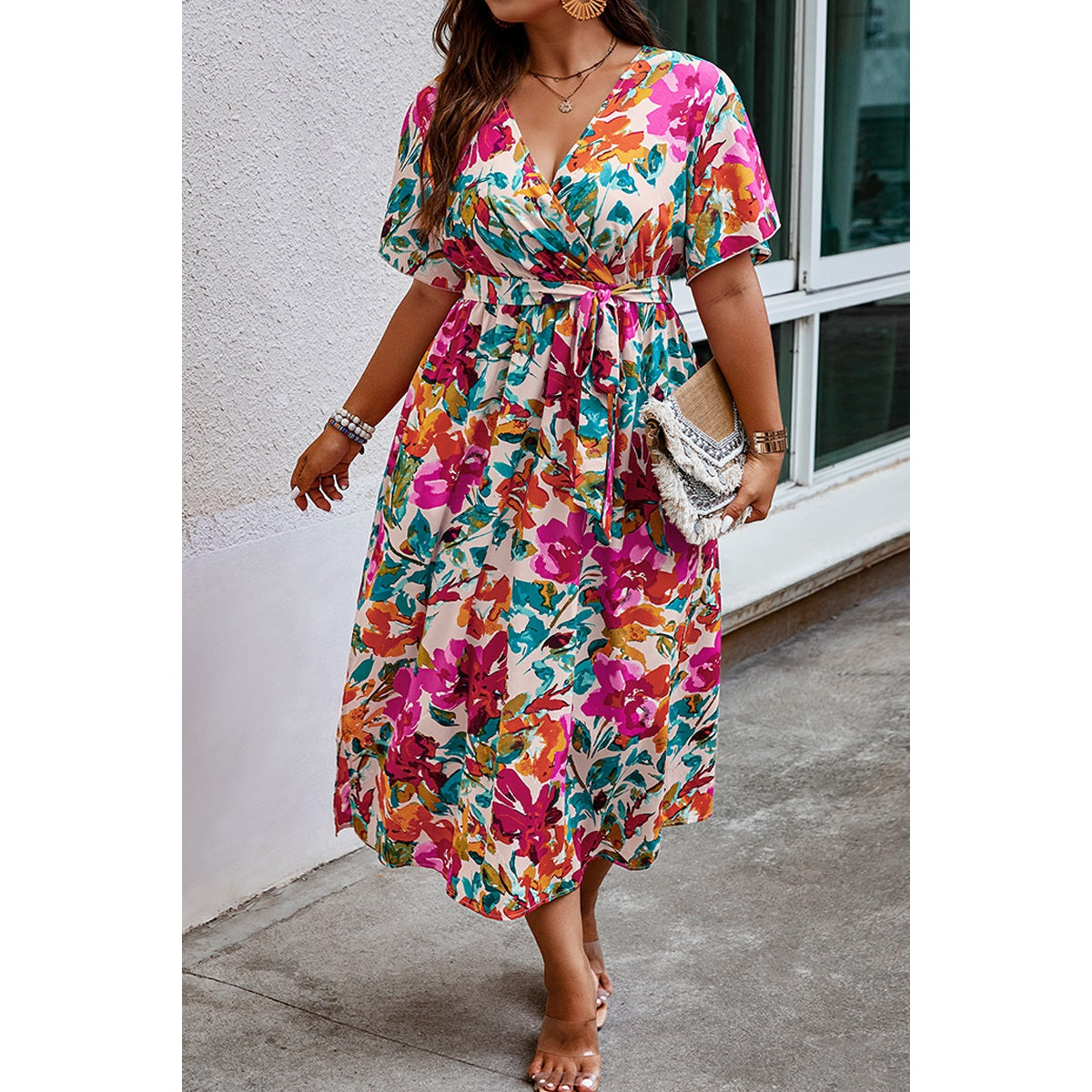 Plus Size Floral Butterfly Sleeve Belted Dress