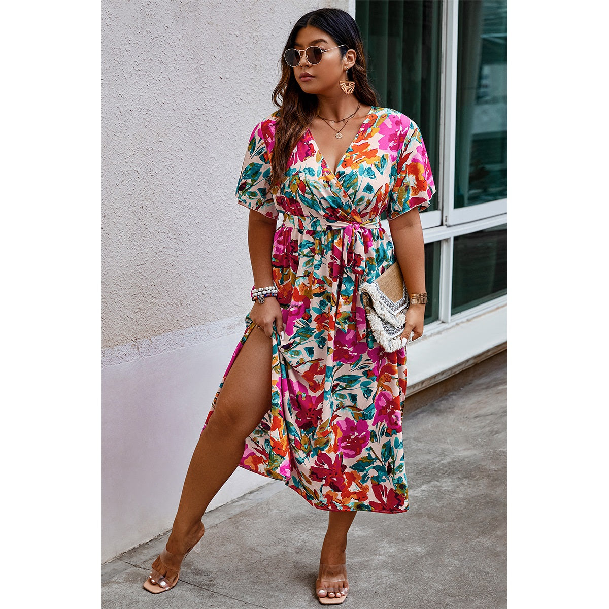 Plus Size Floral Butterfly Sleeve Belted Dress