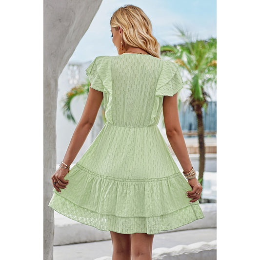 V Neck Hollow Pleated A Line Short Dress