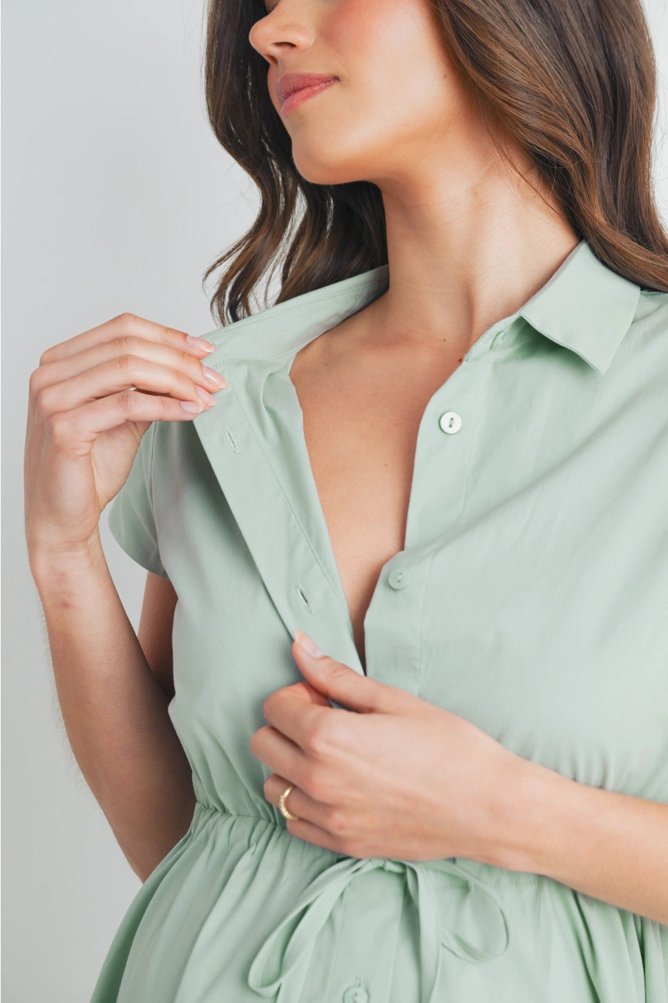 maternity button down shirt dress Maternity Short Sleeve Button Down Shirt Dress with Adjustable Waist Tie
