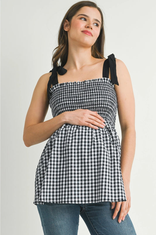 Gingham Smocked Tie-Strap Maternity Tank Top