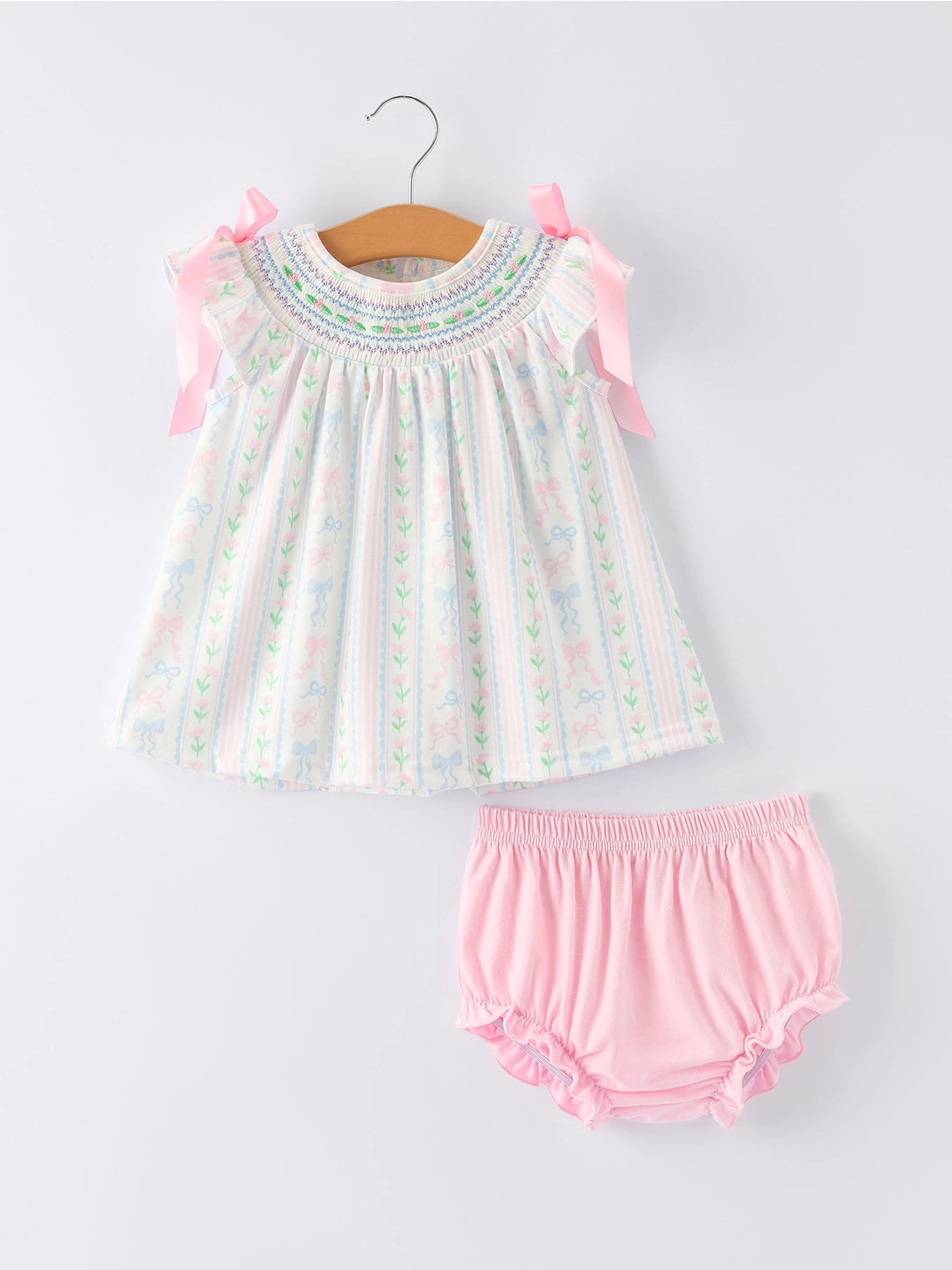 Girl Bow Stripe Smocked Baby Girls Bloomer Set