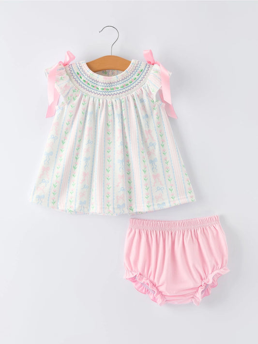 Girl Bow Stripe Smocked Baby Girls Bloomer Set