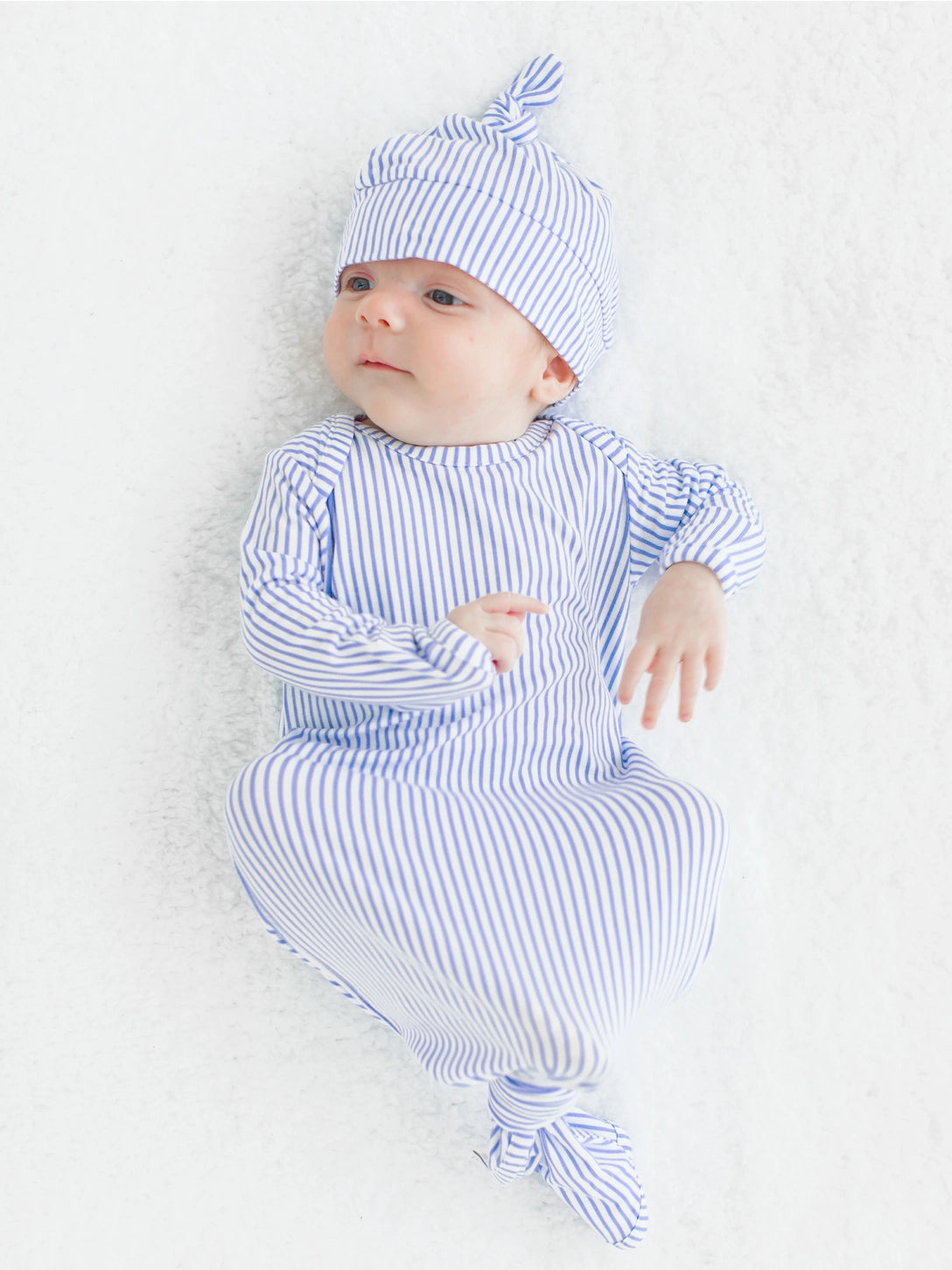 Softsnooze™ Baby Boys Bamboo Viscose Periwinkle & White Micro Stripe Knotted Sleep Gown & Hat Set Size Newborn-3 Months