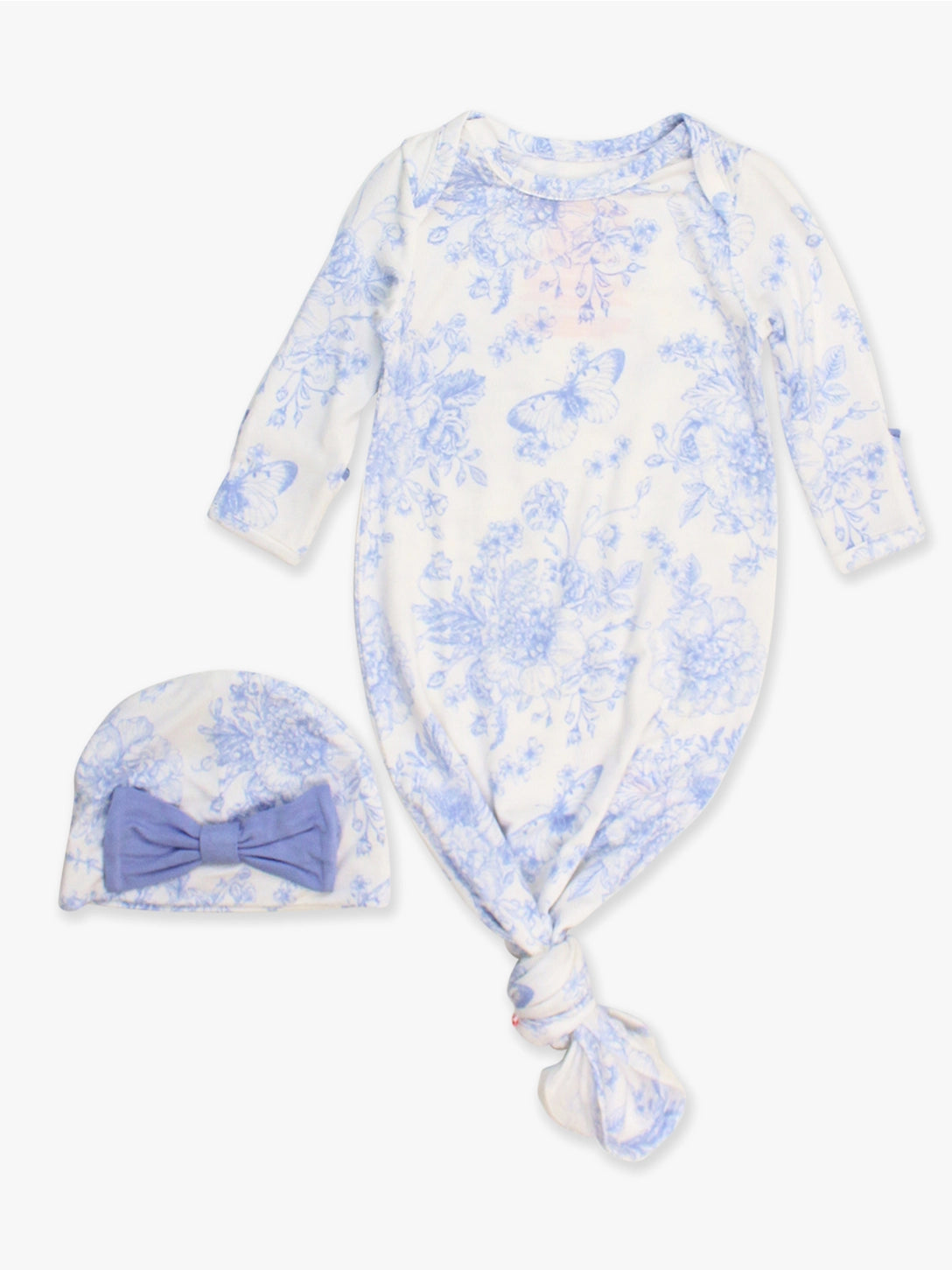 Softsnooze™ Baby Girls Bamboo Viscose Periwinkle Butterfly Garden Ruffle Knotted Sleep Gown & Bow Hat Set Size Newborn-3 Months