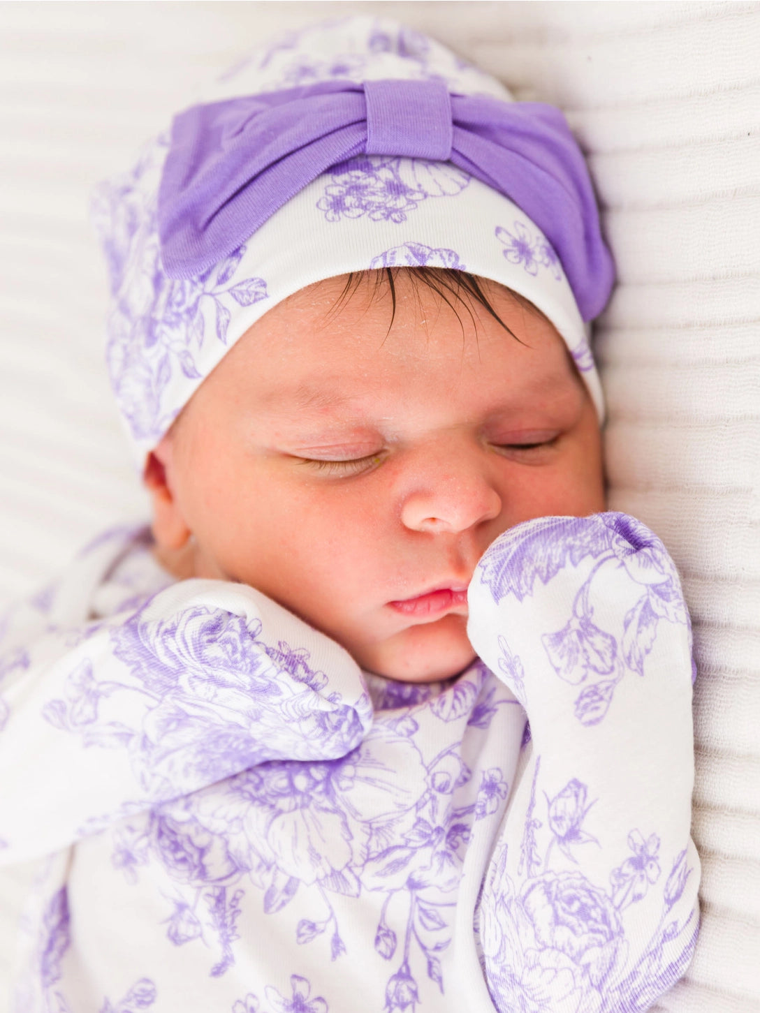 Softsnooze™ Baby Girls Bamboo Viscose Wisteria Purple Butterfly Garden Toile Ruffle Knotted Sleep Gown & Bow Hat Set Size Newborn-3 Months