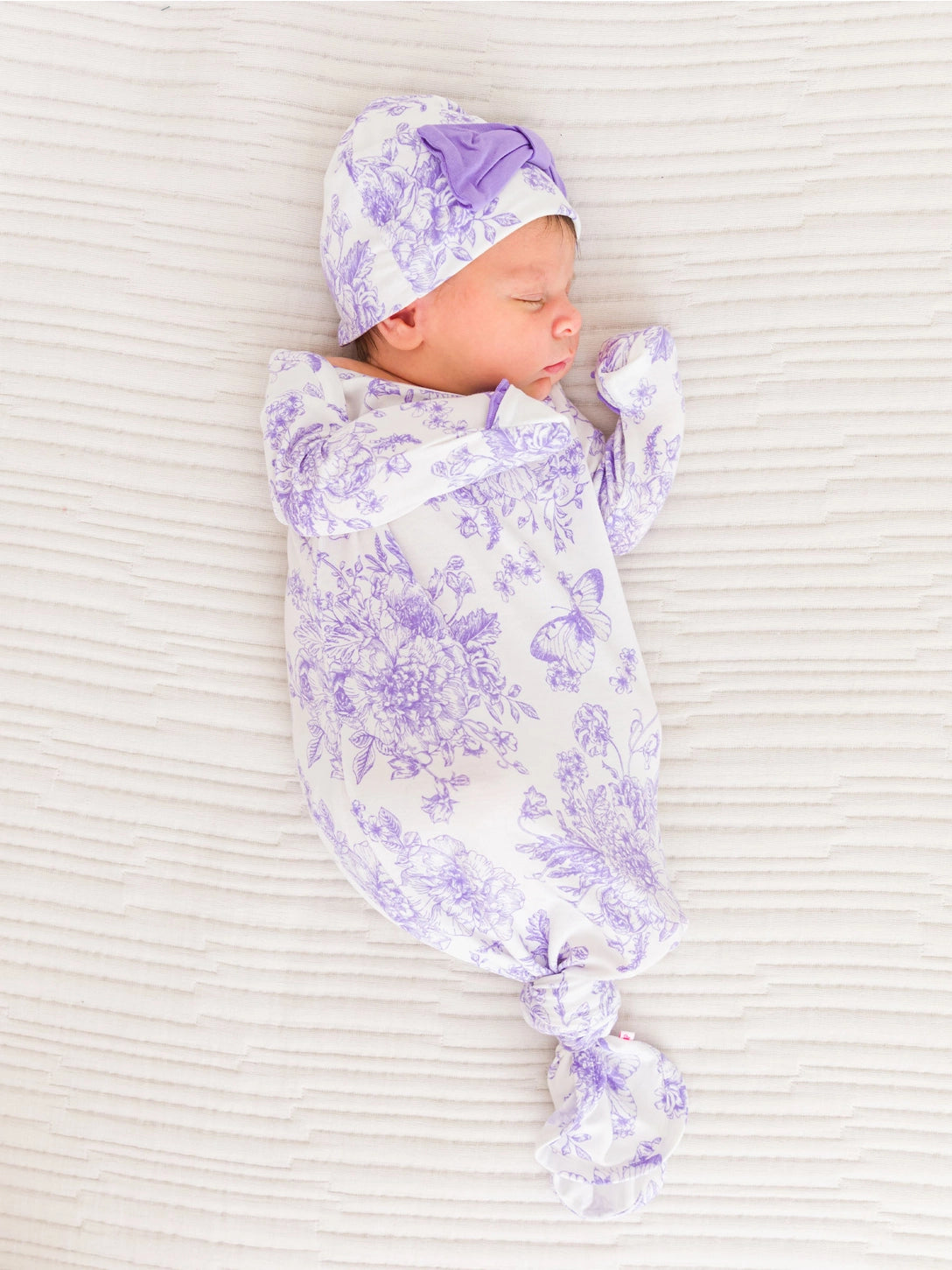Softsnooze™ Baby Girls Bamboo Viscose Wisteria Purple Butterfly Garden Toile Ruffle Knotted Sleep Gown & Bow Hat Set Size Newborn-3 Months