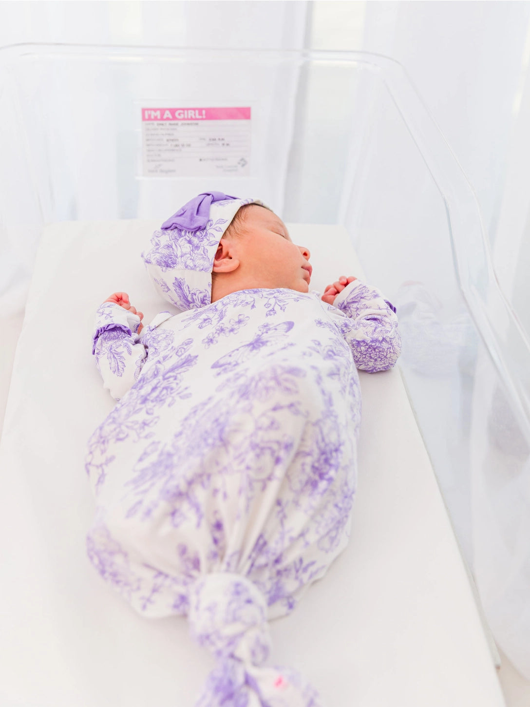 Softsnooze™ Baby Girls Bamboo Viscose Wisteria Purple Butterfly Garden Toile Ruffle Knotted Sleep Gown & Bow Hat Set Size Newborn-3 Months