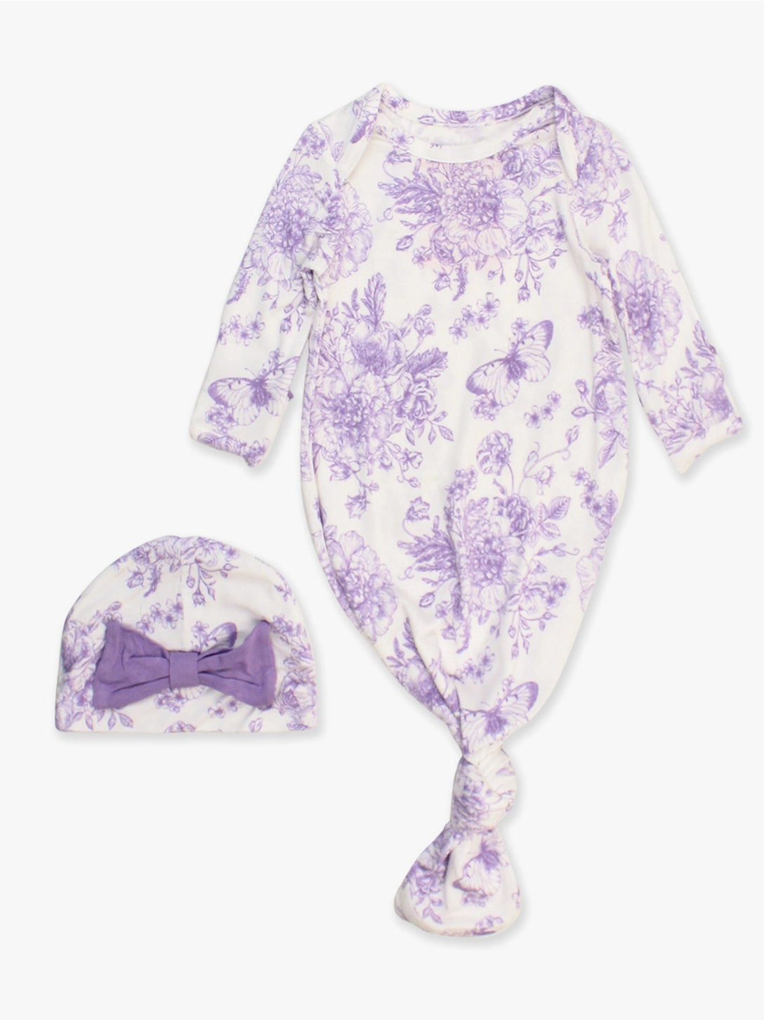 Softsnooze™ Baby Girls Bamboo Viscose Wisteria Purple Butterfly Garden Toile Ruffle Knotted Sleep Gown & Bow Hat Set Size Newborn-3 Months