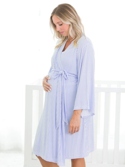 Softsnooze™ Women's Bamboo Viscose Periwinkle & White Micro Stripe Mommy & Me Maternity Robe - One Size