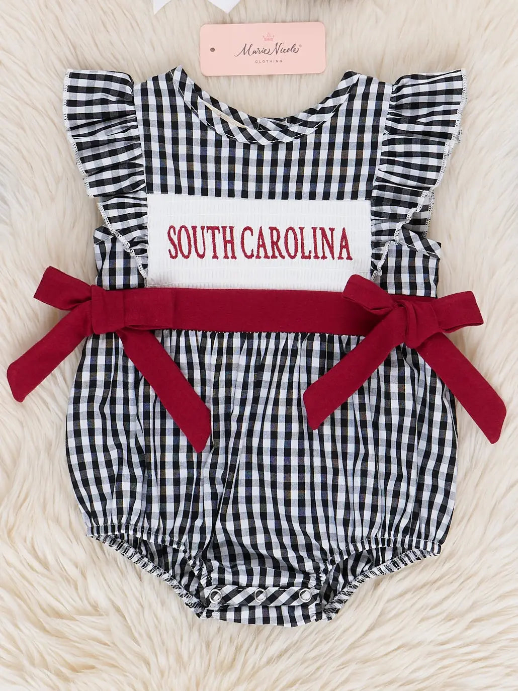 South Carolina Smocked Gingham Bubble Romper
