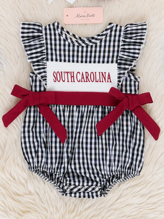 South Carolina Smocked Gingham Bubble Romper