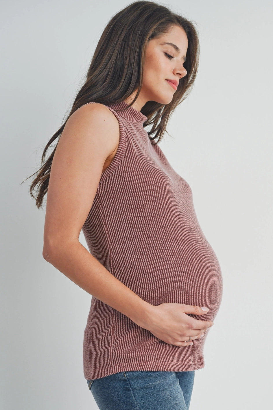 Ribbed Mock Neck Maternity Tank Top - Red Brown/Denim