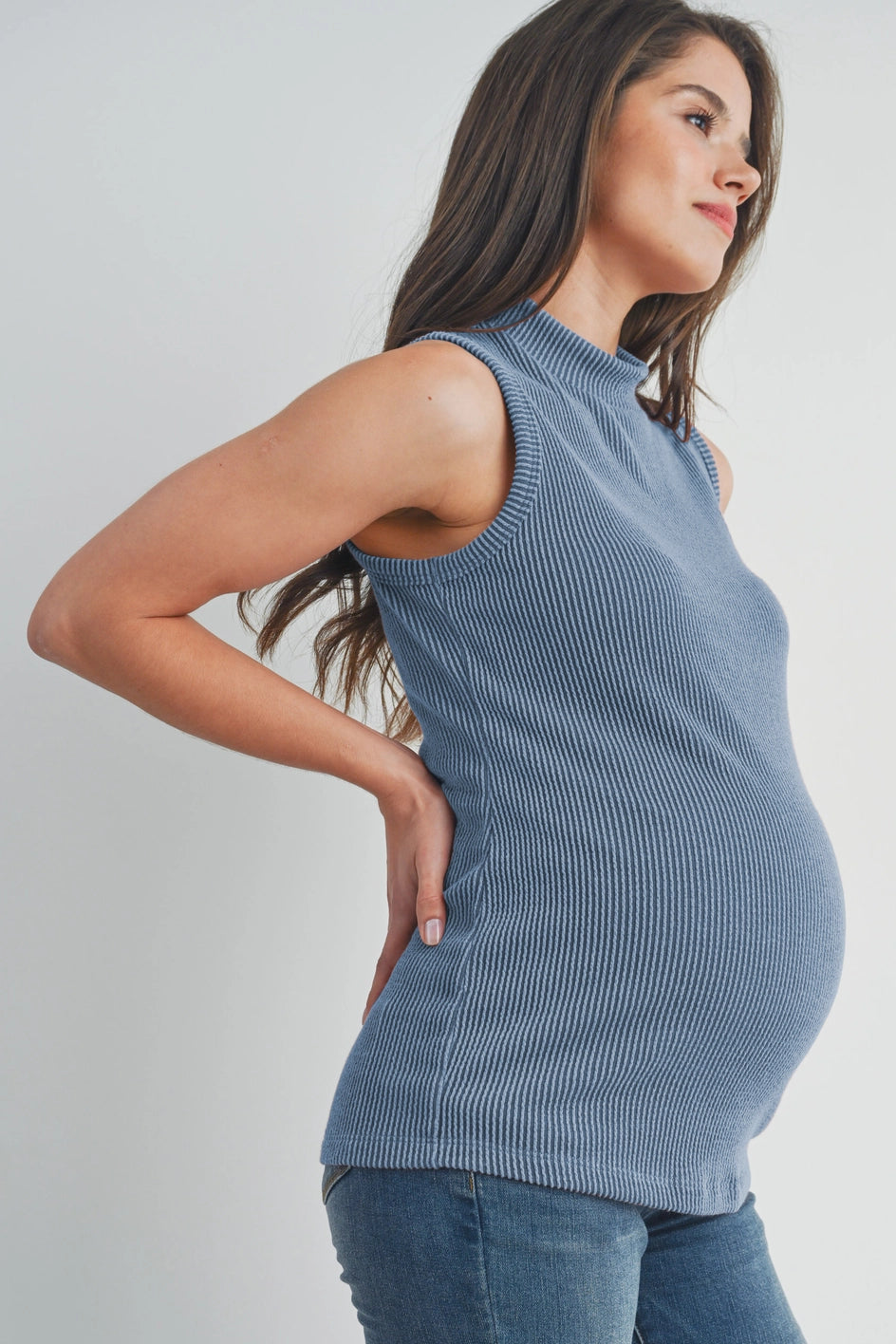 Ribbed Mock Neck Maternity Tank Top - Red Brown/Denim