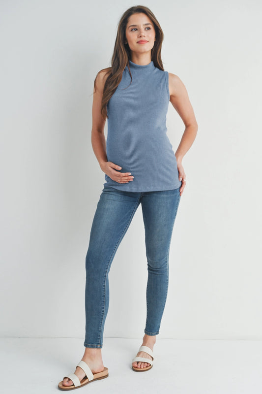 Ribbed Mock Neck Maternity Tank Top - Red Brown/Denim