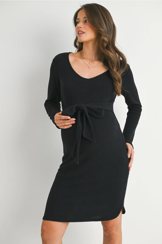 Ribbed Long Sleeve Tie Waist Maternity Knit Dress