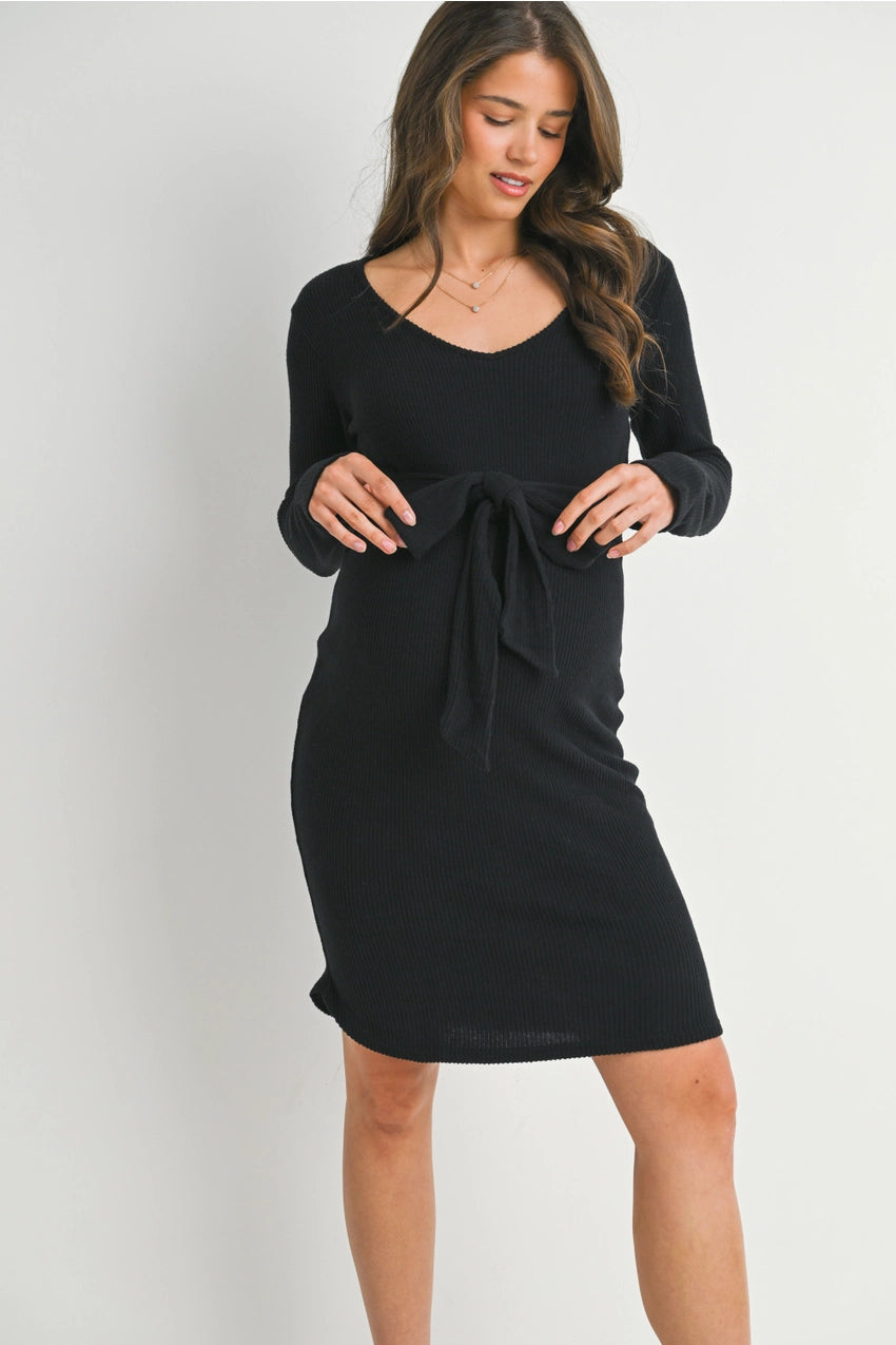 Ribbed Long Sleeve Tie Waist Maternity Knit Dress