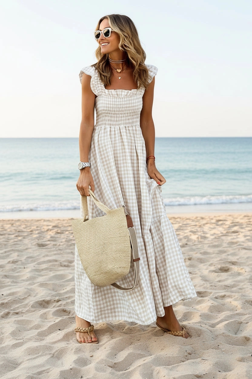 Gingham Smocked Maxi Dress Square Neck Summer XL