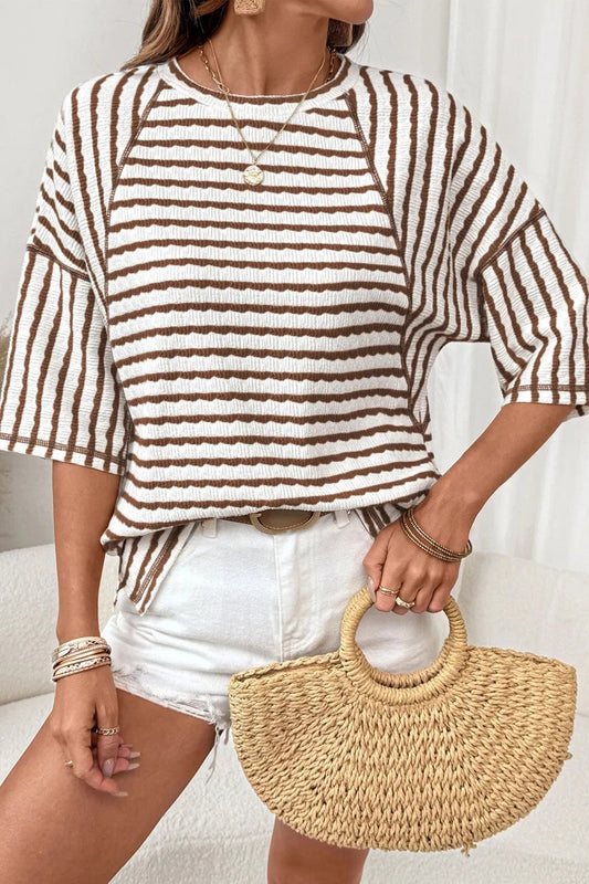 Striped Textured Tee Oversized Casual Top