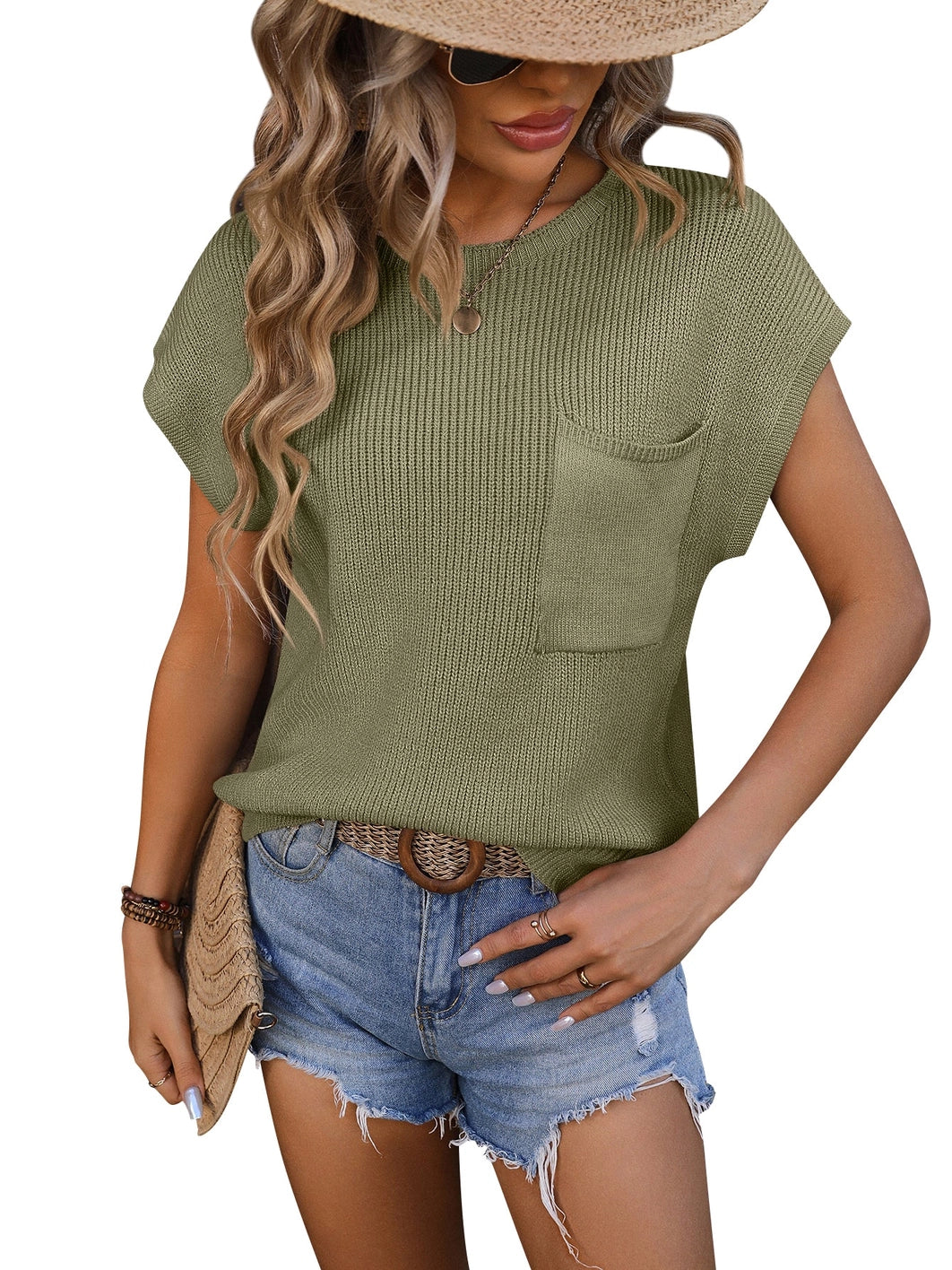 Crewneck Pocket Trim Top Short-Sleeved Sweater - Green/Caramel
