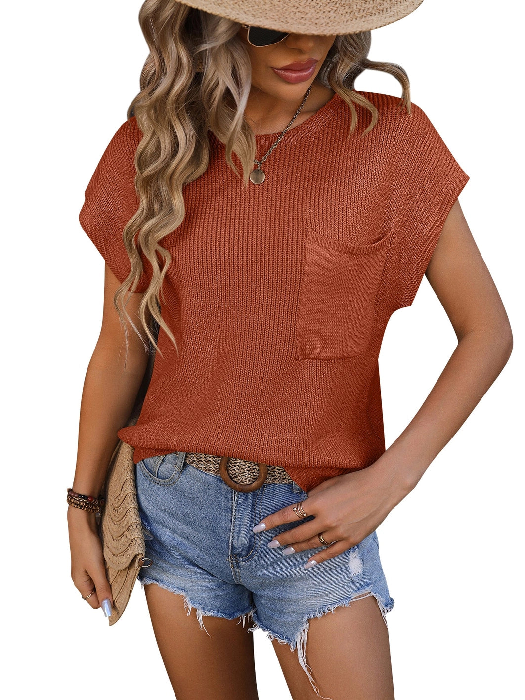 Crewneck Pocket Trim Top Short-Sleeved Sweater - Green/Caramel