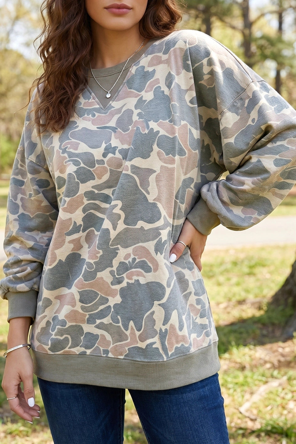 Woodland Camo Print Ribbed Trim Pullover Sweatshirt
