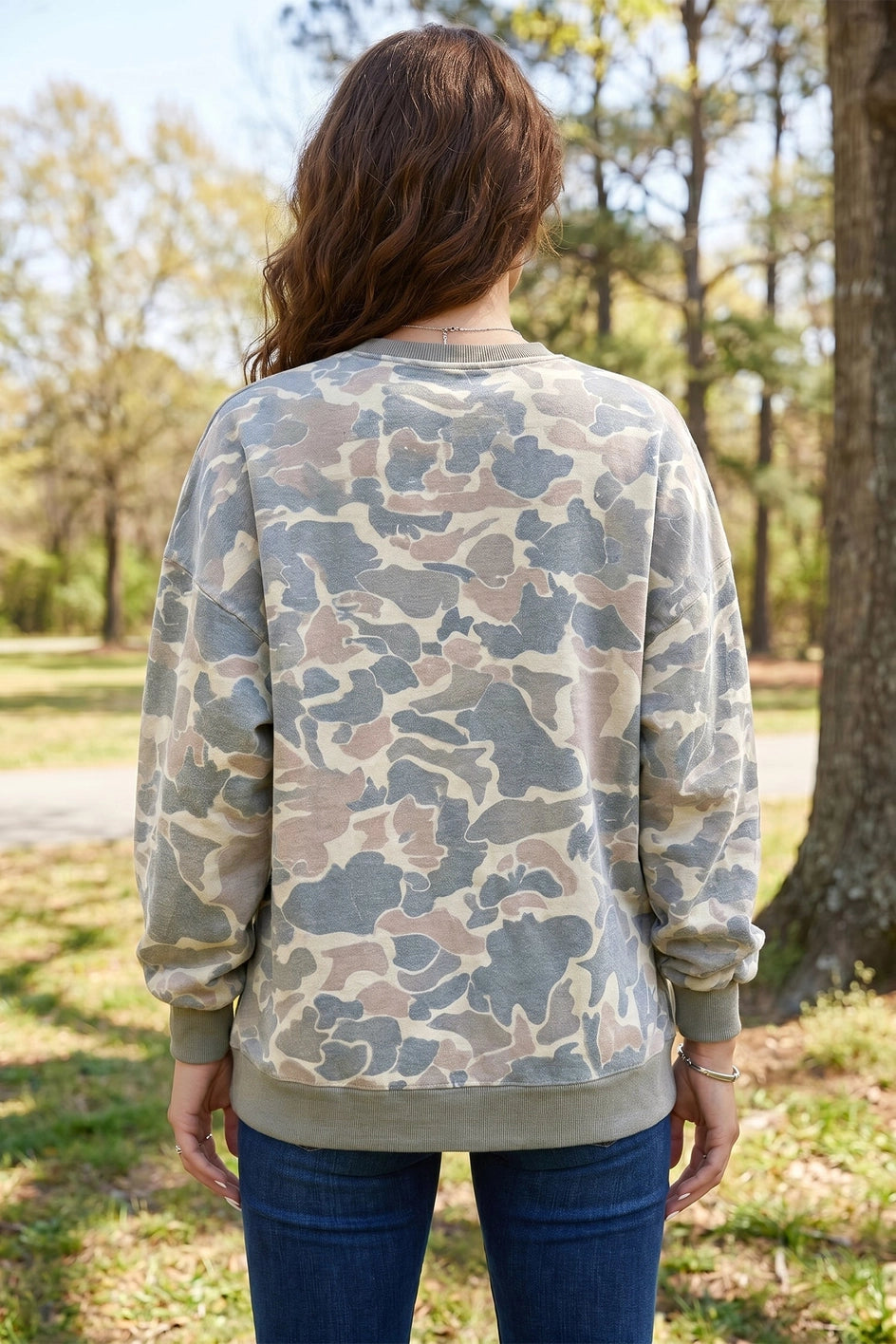 Woodland Camo Print Ribbed Trim Pullover Sweatshirt