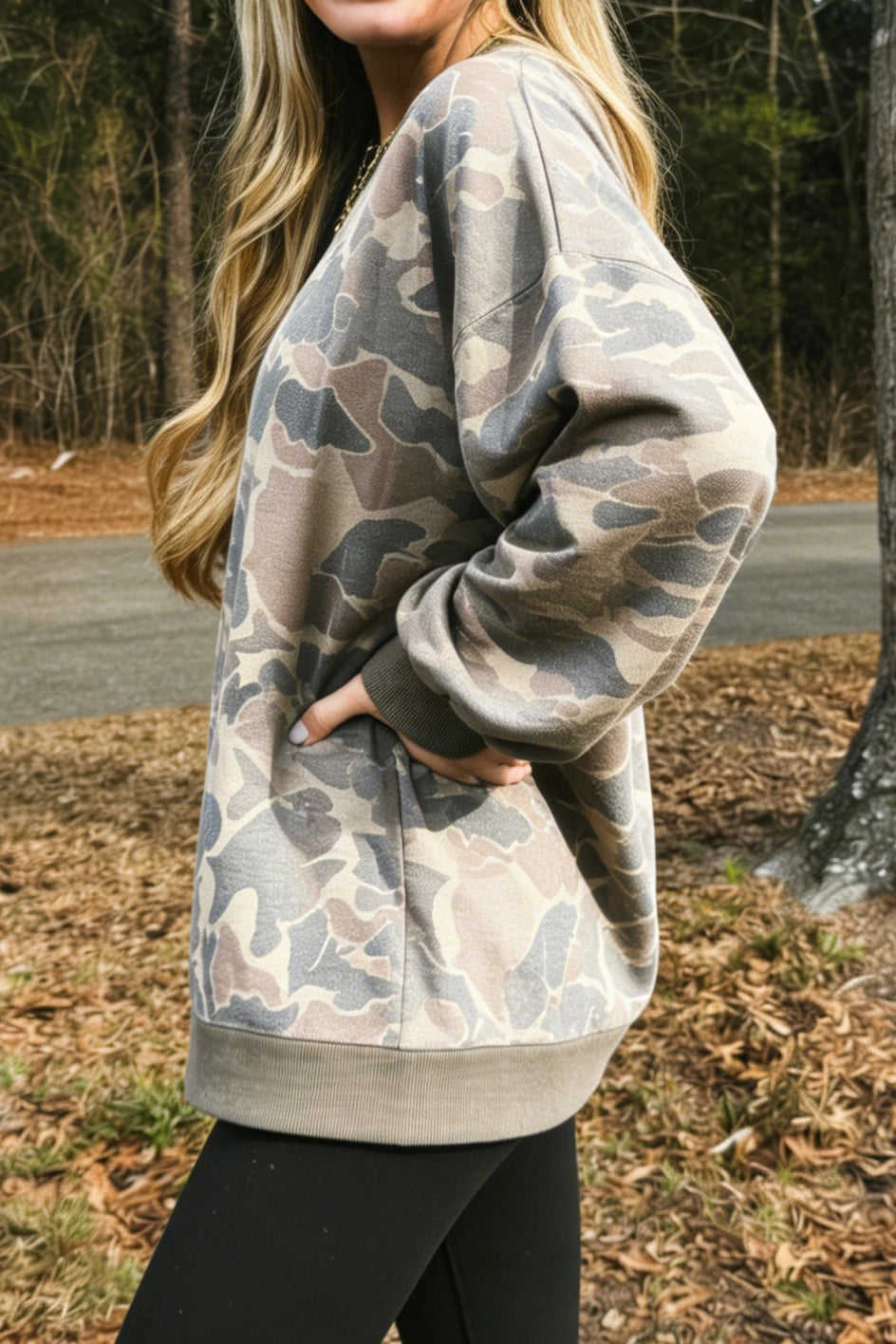 Woodland Camo Print Ribbed Trim Pullover Sweatshirt