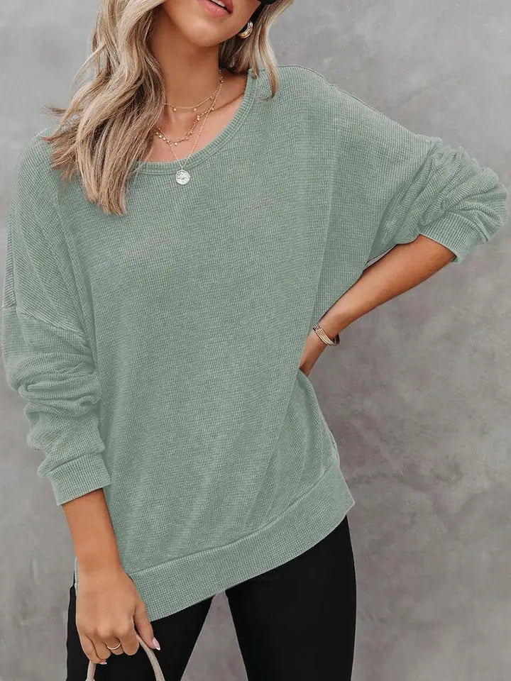Solid Waffle Knit Pullover Oversized Crew Neck Top