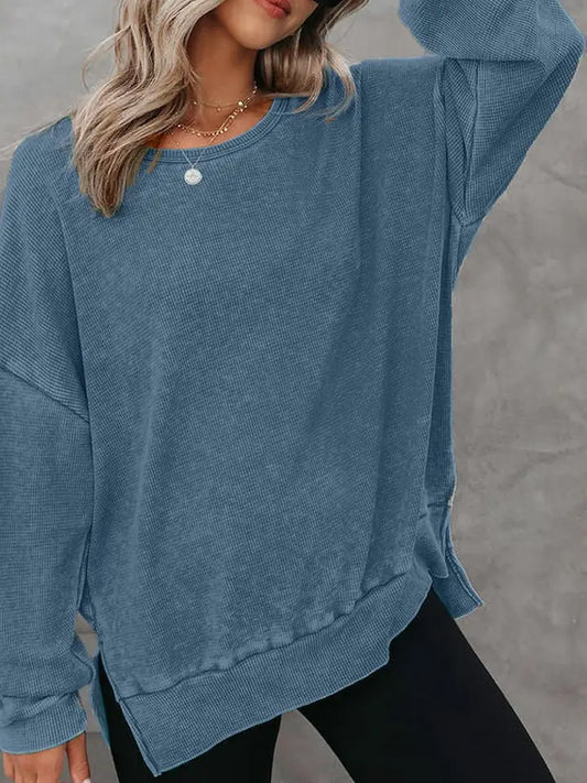 Solid Waffle Knit Pullover Oversized Crew Neck Top