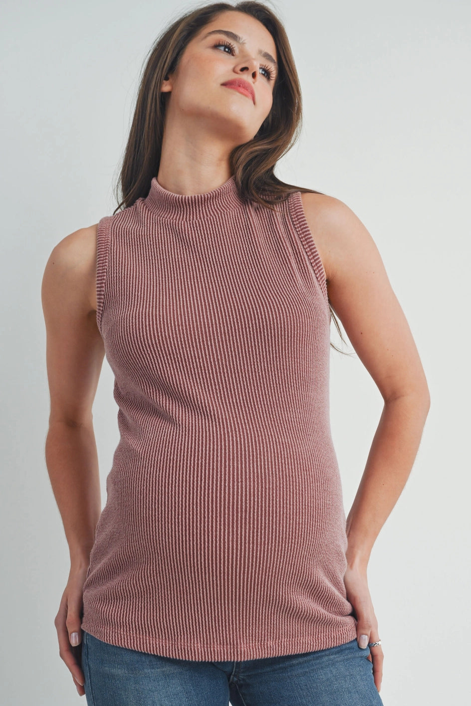 Ribbed Mock Neck Maternity Tank Top - Red Brown/Denim